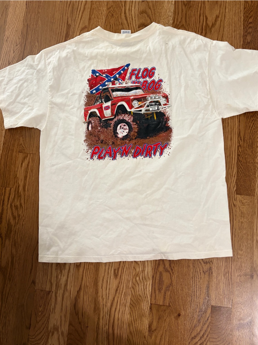 Bronco tee shirt Flog the Bog play in dirt